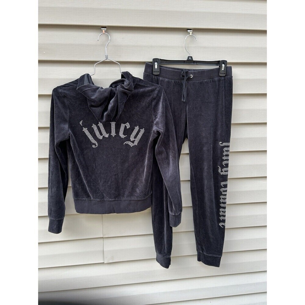 Vintage Juicy Couture Y2K Small Black Velour Tracksuit Bling Logo Jogger Set